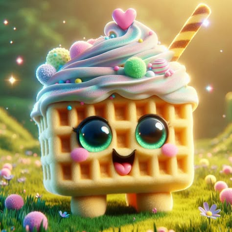 Kawaii Waffle, Watermelon Background, Cute Cartoon Food, Food Characters, Cute Food Wallpaper, Pink Canvas Art, Jelly Wallpaper, Minions Wallpaper, Cartoon Food