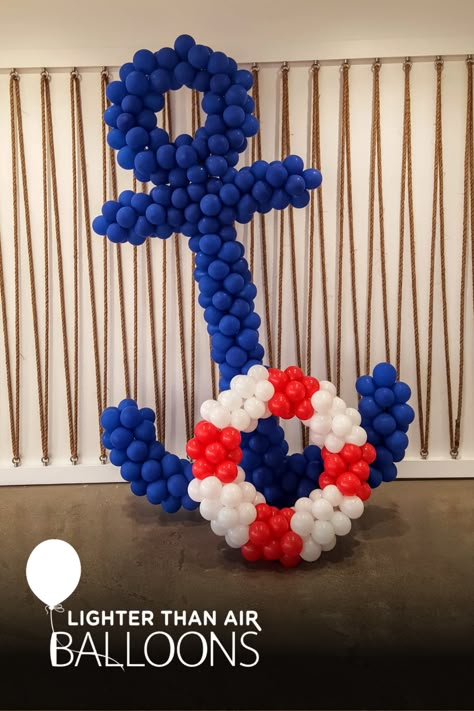 Nautical themed balloon sculptures, blue boat anchor and life preserver, perfect for an ocean or nautical party. Nautical Balloon Decor, Anchor Balloon, Anchor Theme Party, Nautical Birthday Decorations, Nautical Baby Shower Boy, Sailor Baby Showers, Sailor Baby, Jungle Thema, Nautical Birthday Party