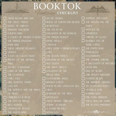 Some lists I found on Pinterest. There are soooo many I haven’t read. Have I even been reading???? Each one has a blank one so you can see how many you’ve read. Sorry to your TBRs 🫣🫣 Booktok Reading Checklist, Fantasy Reading List, Fantasy Book Challenge, Popular Booktok Quotes, Author Book Checklist, Fantasy Book Checklist, Book Checklist Template, Popular Fantasy Books, Booktok Fantasy Checklist