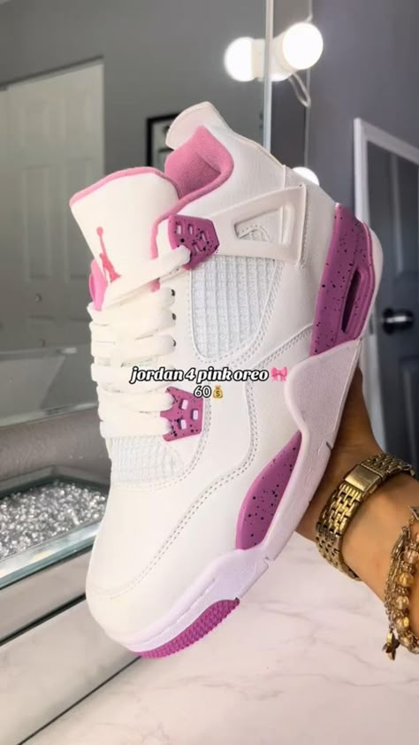 Air Jordan 4 For Women, Jordan 4 Pink And White, Air Jordan 4 Pink Oreo, Pink Oreo Jordan 4’s, Pink 11s Jordans, Jordans That Go With Everything, Jordan 4 Oreo Pink, Jordan 4 Shoes For Women, Custom Jordan 4s