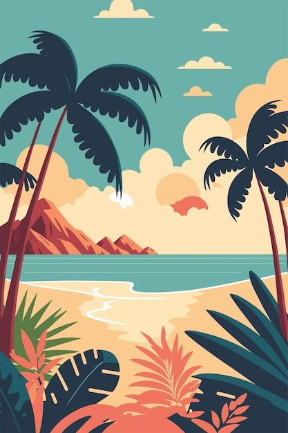 Animated Beach Aesthetic, Beach Artwork Illustrations, Vintage Beach Design, Beach Graphic Illustration, Summer Vector Art, Tropical Beach Illustration, Island Illustration Design, Beach Vector Art, Tropical Island Illustration