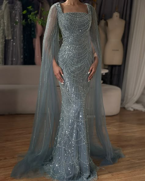 LA72590A Luxury Floor-length Abaya For Evening, Cape Sleeves Gown, Luxury Floor-length Evening Cape, Blue Floor-length Evening Dress With Rhinestones, Evening Dress Beaded, Beaded Cape, Arabic Dress, Mermaid Evening Dress, Modest Dresses Fashion