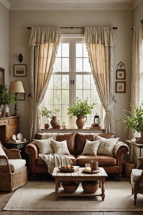 Cottage Living Room With Leather Sofa, Country House Sitting Room, European Country Living Room, French Country Living Room With Leather Sofa, Country Sofas Farmhouse Couch, Cream Cottage Living Room, French Country Leather Sofa, British Cottage Living Room, Home Decor Sofa