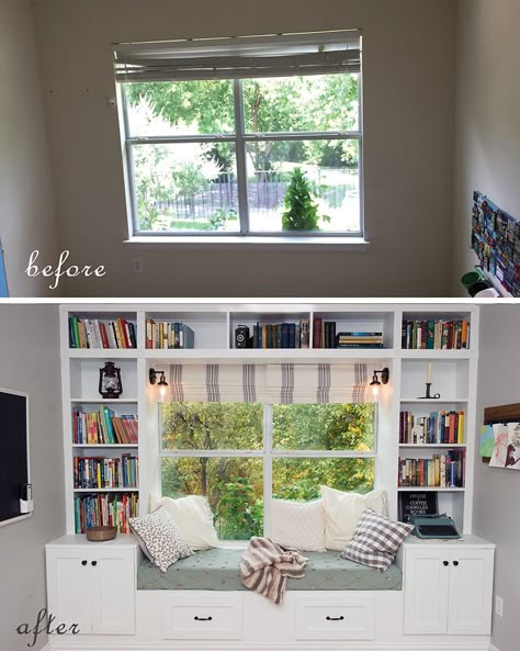 Bay Window Study Room, Book Shelf Window Seat Built Ins, Window Seat For Small Bedroom, Wall Bookshelves Under Window, Reading Nook Window Seat Diy, Build In Window Seat, Bookcase Around Window Bedroom, Window Bench Bookshelf, Playroom Window Seat Storage