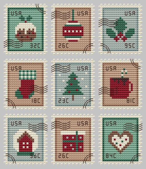 Cute Embroidery By Kate Christmas Postage Stamps Part 3 - Cross Stitch Pattern - 123Stitch Cross Stitch Christmas Ornaments Pattern, Small Winter Cross Stitch Patterns, Cross Stitch Mini Christmas, Cross Stitch Winter Patterns, Diy Cross Stitch Christmas Ornaments, Cross Stitch Ornaments Christmas, Wood Cross Stitch, Christmas Cross Stitch Ideas, Christmas Embroidery Cross Stitch