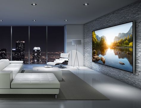 OLED, 4K, LED, LCD, WTF? What You Need to Know Before You Buy Your Next TV The television market is filled with marketing gibberish, so we've culled down what you need to know to the essential elements of buying a TV. Stone Design Wall, Living Rooms Interiors, Cyberpunk Apartment, Tv Mirror, Huge Tv, Underground Garage, Tv In Bathroom, Big Screen Tv, Tv Storage