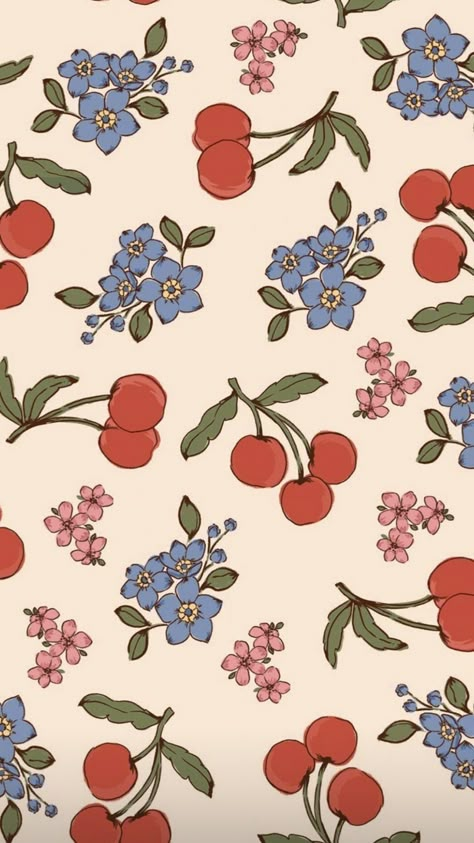 Cherry Phone Wallpaper, Ipad Widget Pictures, June Aesthetic Wallpaper, Fruit Iphone Wallpaper, Aesthetic Fruit Wallpaper, Fruit Phone Wallpaper, Cherry Iphone Wallpaper, Aesthetic Pattern Wallpaper, Summer Floral Wallpaper