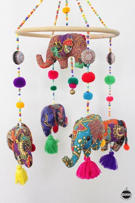 Baby Room Organization Ideas, Toy Branding, Indian Nursery, Handmade Garden Art, Paper Flower Wall Hanging, Elephant Mobile, Africa Art Design, Elephant Crafts, Mobile Hanging