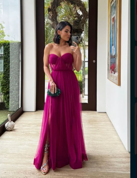 Vestidos Color Fucsia, Fuchsia Prom Dress, Prom Dress A Line, Custom Made Dress, Graduation Gown, Strapless Prom Dress, Dress Graduation, Tulle Sleeves, Made Dress