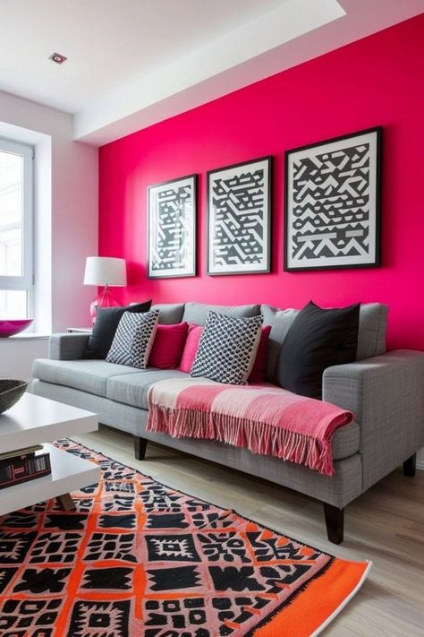 Cream White Room, Pink Room Decor Ideas, Pink Accent Wall, Blue And Pink Living Room, Eclectic Accessories, Pink Home Office, Pink Dining Rooms, Pink Accent Walls, Hot Pink Walls