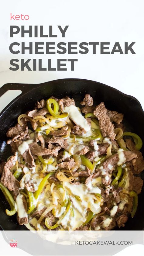 This super easy keto Philly Cheesesteak brings all the flavor without the carbs! Super easy weeknight meal! #keto #lowcarb #dinner #phillycheesesteak #skillet #glutenfree #grainfree Keto Philly Cheesesteak Skillet, Philly Cheesesteak Skillet, Cheesesteak Skillet, Keto Philly Cheesesteak, Beef Skillet, Philly Cheese Steak Recipe, Cheesesteak Recipe, Easy Skillet Meals, Easy Skillet