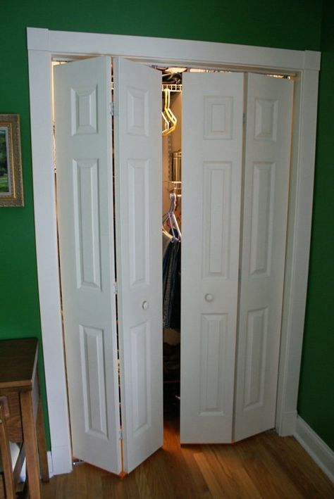 Adding Mirrors To Bifold Closet Doors, Modern Closet Doors Bedrooms, Convert Bifold Closet Doors, Bi Fold Closet Doors Makeover, Updating Bifold Closet Doors, Closet Doors Ideas Bedroom, Bi Fold Doors, Folding Closet Doors, Remodel House