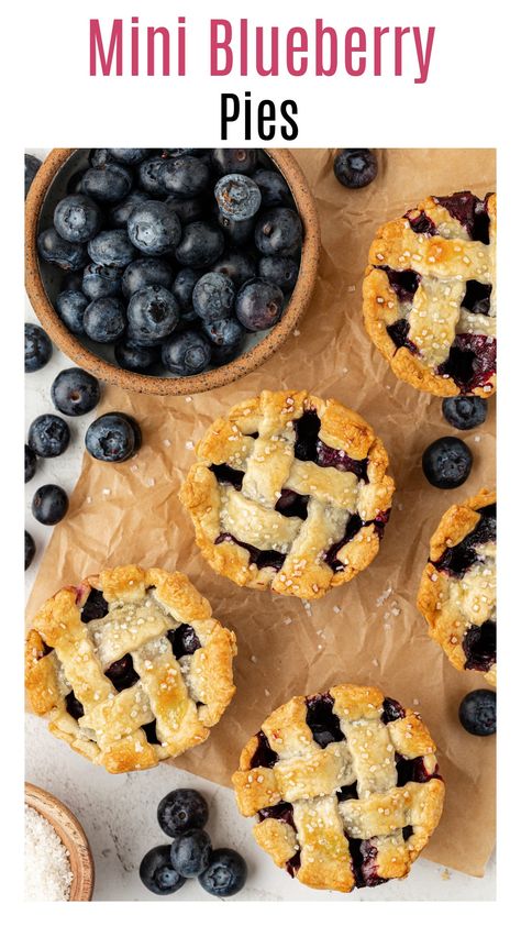 These mini blueberry pies are made with an easy blueberry filling, homemade pie crust, and all made in a muffin tin! Top each mini blueberry pie with a scoop of vanilla ice cream! This easy mini pie recipe is perfect for summer cookouts, Father's Day, Thanksgiving, and Christmas! Thanksgiving Blueberry Dessert, Fourth Of July Mini Pies, Blueberry Pie Tarts, Blueberry Thanksgiving Desserts, Mini Pies For Wedding Reception, Blueberry Pie Mini, Mini Blueberry Pies Easy, Individual Mini Fruit Pies, Mini Pie Recipes For Pie Maker