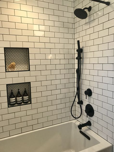 Kohler soaking tub, Moen matte black fixtures Monochromatic Bathroom, Remodeling Bathroom, Bathroom Design Trends, Bad Inspiration, White Subway Tile, Boys Bathroom, Upstairs Bathrooms, Bathroom Trends, Diy Bathroom Decor