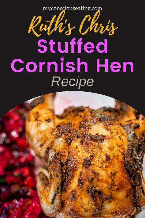 Stuffed Cornish hen on a dinner plate Stuffing Cornish Hens, Cornish Hens Stuffed With Wild Rice, Cornish Hen Stuffed With Wild Rice, Cornish Hen Thanksgiving Recipe, Cornish Game Hen Recipes Smoked, How To Make Cornish Hens In The Oven, Cornish Hen Stuffed, Game Hens Recipes, Game Hens Cornish