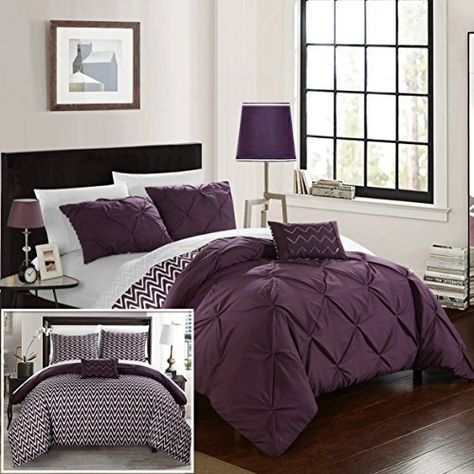 Chic Home Jacky 4 Piece Reversible Comforter Bag Pinch Pleat Ruffled Design Geometric Chevron Pattern Bedding Set-Decorative Pillow Shams Included, Full/Queen, Purple Best Quilted Comforter, Set USA Purple Comforter Set, Purple Comforter, Chic Home Design, Purple Bedrooms, Purple Bedroom, Reversible Comforter, King Comforter Sets, Bed In A Bag, Queen Comforter Sets