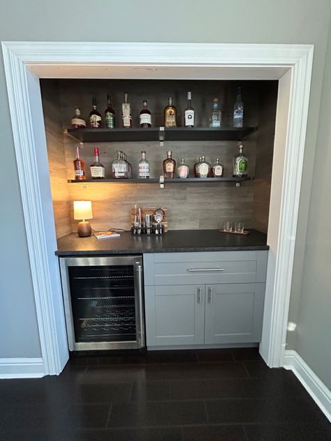 Home Bar Closet Ideas, Home Closet Bar Ideas, Small Basement Mini Bar, Mini Bar In Master Room, Closet Into Dry Bar, Wet Bar Closet Ideas, Converting Closet To Coffee Bar, Built In Bar Closet, Closet To Dry Bar