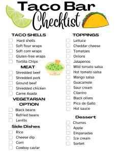 How to Throw a Taco Bar Party (Printable Taco Bar Checklist Included) Taco Party Food List, Taco Bar Shopping List, Taco Bar Grocery List, Toppings For Tacos Bar, Taco Bar Party Checklist, Taco Bar Checklist Printable, Taco Bar Potluck Ideas, Taco Bar Sign Up Sheet, Nacho Bar Toppings List