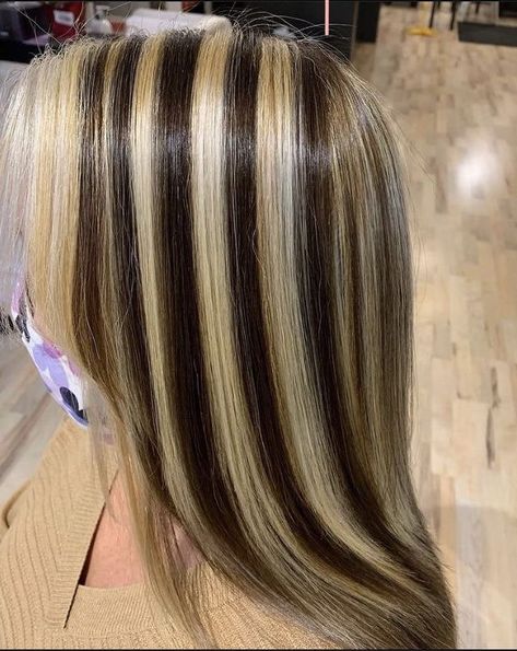 Brown Hair With Chunky Blonde Highlights Y2k, Chunky Black Highlights, Skunk Hair Ideas, Blonde And Brown Chunky Highlights, Chunky Blonde Highlights Y2k, Strip Dyed Hair, Skunk Chunky Highlights, Chunky Brown Highlights, Black Hair With Chunky Highlights