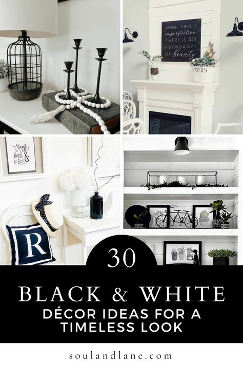 Dive into a world where contrast reigns, from striking geometric patterns on throw pillows to sleek, modern furniture pieces that stand out against a neutral backdrop. Learn how to balance the boldness of black with the purity of white through strategic placement of art, textiles, and accessories. These black and white decor suggestions are designed to create a space that's both sophisticated and inviting, perfect for anyone looking to make a stylish, enduring statement in their home. Black And White Mantle Decor, Black And White Mantle, White Mantle Decor, Black And White Centerpieces, Modern Shelf Decor, Black And White Home Office, White Mantle, White Home Office, Monochromatic Decor