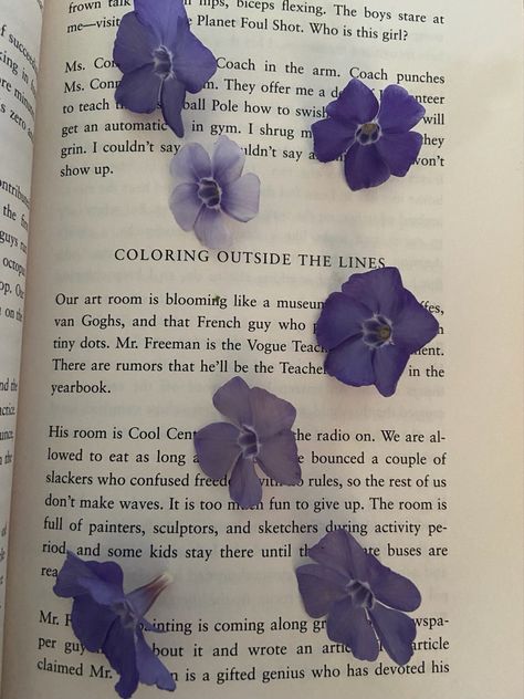 periwinkle flowers spread out on page of book. the book is speak page 77. My Little Pony Aesthetic, Pony Aesthetic, Uicideboy Wallpaper, Light Purple Wallpaper, Periwinkle Flowers, Purple Aura, Violet Aesthetic, My Favorite Books, Purple Vibe