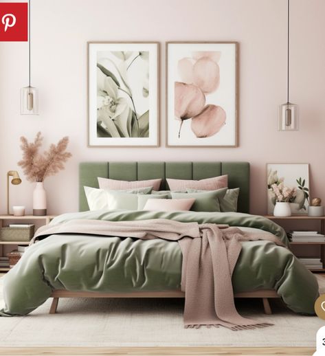 Blush Pink And Olive Green Bedroom, Safe Green And Pink Bedroom, Pink Olive Bedroom, Green Pink And Grey Bedroom, Olive Green Pink Bedroom, Dusty Rose And Olive Green Bedroom, Pink Green Tan Bedroom, Bedroom Inspirations Olive Green, Two Color Combination For Bedroom