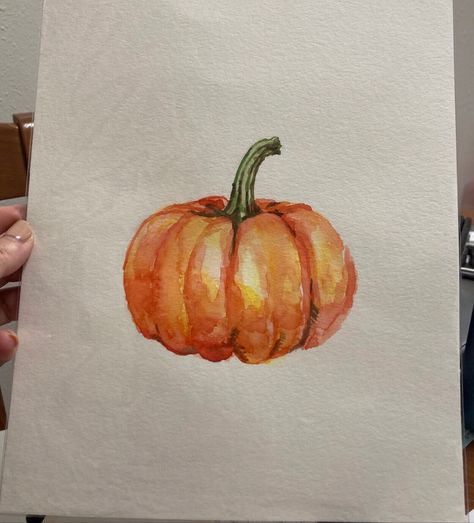 Original watercolor painting on watercolor paper. Pumpkin Watercolour Painting, Fall Watercolor Landscape Easy, Simple Pumpkin Painting On Canvas, Painting Ideas On Canvas Food, Fall Painting Watercolor, Mini Fall Paintings, Autumn Watercolor Art, Painting Of A Pumpkin, Easy Fall Watercolor Ideas