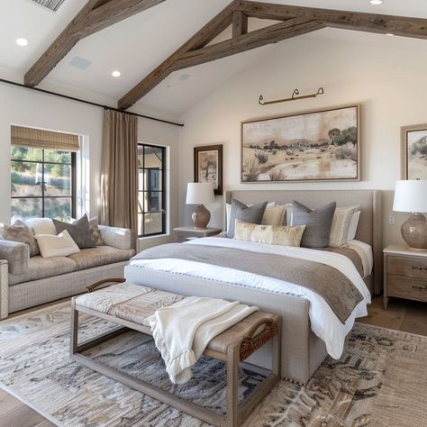 Cottage bedroom with sleek lines and warm, earthy accents Country Living Bedroom Ideas, Country Modern Home Interiors, Rustic Bedroom Paint Ideas, Modern Rustic Master Bed, Modern Cottage Bedroom Ideas, Farmhouse Chic Bedroom Ideas, Rustic Elegant Bedroom, Master Bed Decor, Rustic Master Bedrooms Decor