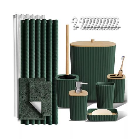 emerald green bathroom accessories set and shower curtain Clear Shower Curtain, Bamboo Bathroom Accessories, Bathroom Vanity Accessories, Green Bathroom Accessories, Green Bathroom Decor, Black Shower Curtains, Green Shower Curtains, Bathroom Accessories Set, Bamboo Bathroom