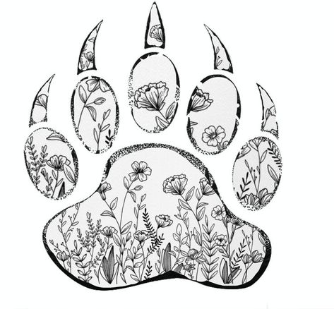 My own design and next tattoo of a bear paw with wildflowers. Bear Clan Tattoo, Bear Claws Tattoo, Bear Paws Tattoo, Grizzly Bear Outline Tattoo, Brown Bear Tattoo For Women, Female Bear Tattoo, Bear Memorial Tattoo, Bear Paw Tattoos For Women, Matching Bear Tattoos