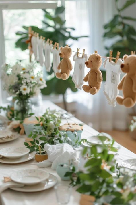 30 Teddy Bear Baby Shower Centerpieces for Your Celebration Teddy Bear Party Centerpieces, Teddy Bear And Clouds Baby Shower Theme, Little Bear Baby Shower Ideas, Baby Shower For Baby Boy, Baby Shower Boy Centerpiece Ideas, Baby Shower Entrance Table, Baby Boy Bear Shower Theme, Baby Shower Ideas Bear, Lamb Centerpieces