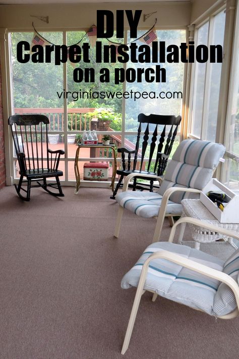 DIY Carpet Installation on a Porch - Carpet adds comfort and color to a porch floor.  See how to install carpet on a porch floor.  #porchcarpet #insallcarpet Indoor Outdoor Carpet Porch, Porch Carpet Outdoor, Outdoor Carpet On Deck, Outdoor Carpet Patio, Installing Carpet, How To Lay Carpet, Install Carpet, Outdoor Improvements, Deck Inspiration