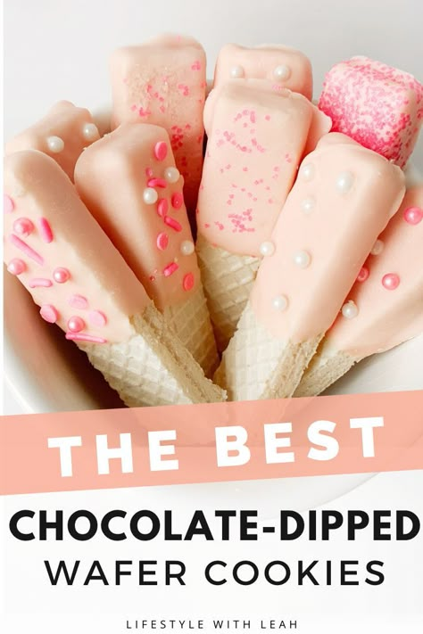 Pink Dessert Bar Ideas, Birthday Finger Desserts, Wafer Dipped In Chocolate, Easy Dessert For Dessert Table, Candy Wafers Recipes, Dipped Desserts Treats, Pink Snack Table Ideas Party, Bachelorette Party Dessert Table, Pink Treats For Birthday Party