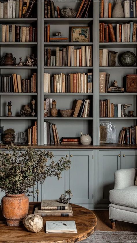 3 Bookshelves Together, Cool Small Office Design, English Den Cozy Library, Living Room Ideas Bookshelves, Library Shelf Styling, Library In Small Room, Small Library Living Room, Styling Library Bookshelves, Bookshelf Living Room Ideas Small Spaces