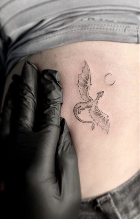 #dragon #dragontattoo #ribtattoo #tattoo Moon And Dragon Tattoo, Moon Dragon Tattoo, Dragon And Moon Tattoo, Dragon And Moon, Dragon Moon, Small Dragon Tattoos, Moon Phases Tattoo, Small Dragon, Matching Sister Tattoos