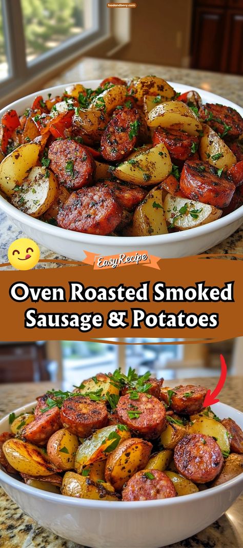 Enjoy the simple yet satisfying flavors of Oven Roasted Smoked Sausage & Potatoes. This dish combines hearty smoked sausage slices with seasoned potatoes and onions, all roasted to golden perfection. It's an easy-to-prepare meal that's perfect for busy weeknights. #SmokedSausage #OvenRoasted #EasyDinners Potato And Smoked Sausage, Easy Dinners With Smoked Sausage, Hungarian Smoked Sausage Recipes, Smoked Sausage And Beans Recipes, Red Potatoes And Sausage Recipes, Quick Easy Sausage Dinner, Sheet Pan With Sausage, Smoked Sausage Recipes One Pan, Ww Smoked Sausage Recipes