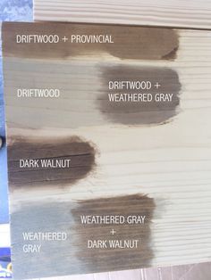 Minwax Wood Stain Samples, Rust-Oleum Wood Stain Samples. Rust-Oleum Driftwood Stain immediately followed with a light coat of Minwax Provincial is my fave. Minwax Wood Stain, Diy Open Shelving, Minwax Provincial, Diy Wood Stain, Driftwood Stain, Grey Stained Wood, Minwax Stain, Floor Stain, Wood Stain Colors