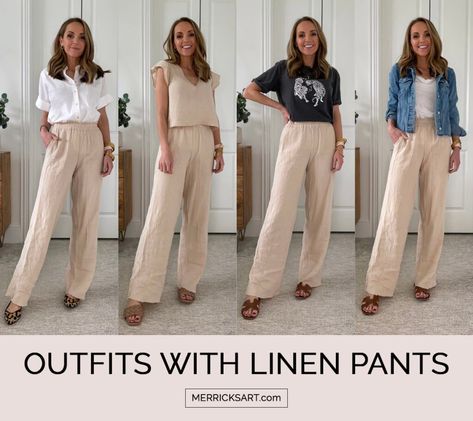 4 Linen Pants Outfits for Spring and Summer - Merrick's Art Linen Pants Dressy Outfit, How To Style Linen Pants Casual Classy, How To Style Boho Pants, Linen Pants Business Casual, Kakis Pants Outfit, Tan Linen Pants Outfit, Linen Outfits For Women Summer, Modest Pants Outfits, Beige Wide Leg Pants Outfit