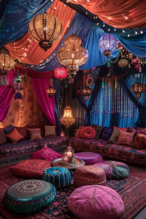 Colourful Bohemian Decor, Floor Pillow Aesthetic, Colorful Boho Decor Living Room, Bohemian Lounge Decor, Fabric Ceiling Bedroom, Pillows On Floor, Colourful Lounge, Whimsical Room, Casa Hobbit