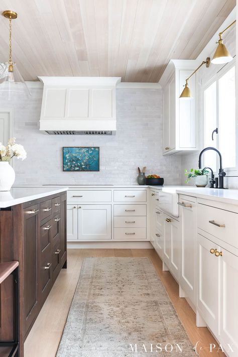 White Cabinets With Wood Island, White Cabinets Wood Island, Recessed Cabinet Doors, White Kitchen With Wood Island, Kitchen With Wood Island, Pure White Cabinets, Warm White Kitchen, Pure White Paint Color, Sw Pure White