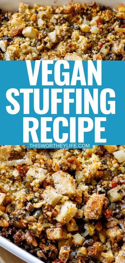 Vegan Cornbread Dressing, Vegan Stuffing Recipe, Vegetarian Dressing, Sides For Thanksgiving, Vegan Dressing Recipes, Turkey Dressing Recipe, Vegan Stuffing, Jiffy Cornbread Recipes, Vegetarian Stuffing