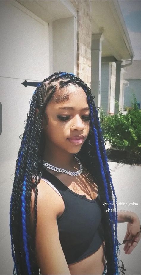 Hair Styles Boho Braids, Hairstyles For Long Butterfly Locs, Gray Peekaboo Braids, Goddess Braids Blue And Black, Blue And Black Passion Twist, Blue Hair Braids Black Women, Hairstyles To Try With Braids, Blue Peekaboo Hair Braids, Knee Length Passion Twist