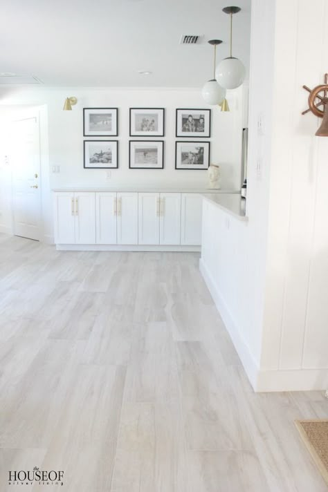 The House of Silver Lining: Beach Cottage Renovation Reveal {Dining Room} Gray Wood Tile Flooring, Grey Wood Tile, Beach House Flooring, Casa Country, Wood Tile Floors, Cottage Renovation, 아파트 인테리어, Floor Ideas, Beach Cottage Style