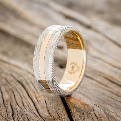 Product Details Ring Style: "Nirvana" is a custom, handcrafted men's wedding ring featuring a 14K gold inlay,... Inlay Wedding Band, Staghead Designs, Men's Wedding Ring, Detailed Ring, Ring Pictures, Handcrafted Rings, Engagement Rings For Men, Gold Wedding Band, Mens Wedding Rings