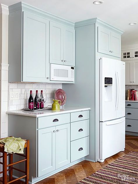 Built In Microwave Cabinet, Microwave Cabinet, White Appliances, Cottage Kitchens, Blue Cabinets, Kitchen Remodel Ideas, Kitchen Redo, Cottage Kitchen, Kitchen Remodel Idea