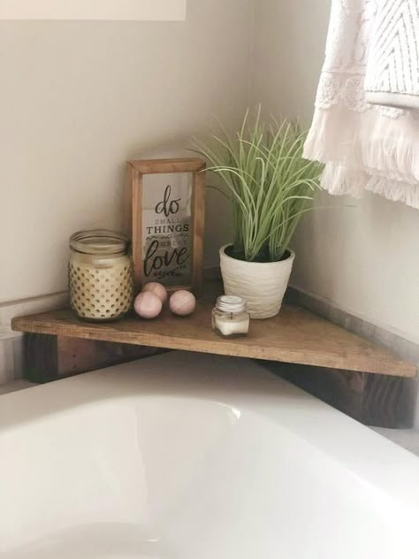 Makeover Kamar Mandi, Bath Shelf, Corner Bath, Bathtub Decor, Bathroom Inspiration Decor, My Bathroom, Small Bathroom Decor, Diy Bathroom, Cheap Home Decor