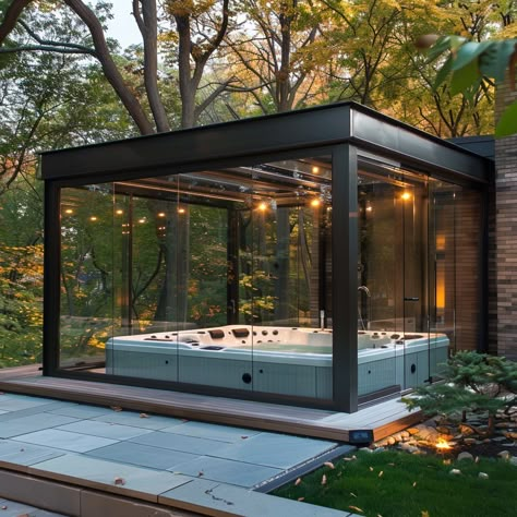 outdoor-hot-tub-ideas Spa Outdoor Ideas, Jacuzzi Room Outdoor, Swim Spa Ideas, Garden Design Hot Tub, Terrace With Hot Tub, Private Hot Tub, Big Hot Tub, Built In Jacuzzi Backyard, Greenhouse Jacuzzi