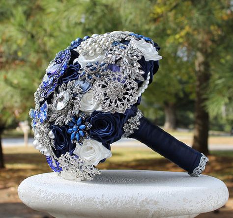 Midnight Blue Wedding Brooch Bouquet. Deposit on a by annasinclair Midnight Wedding, Midnight Blue Wedding, Nautical Wedding Inspiration, Jeweled Bouquet, Starry Night Wedding, Wedding Brooch Bouquets, Royal Blue Wedding, Brooch Bouquet, Wedding Brooch