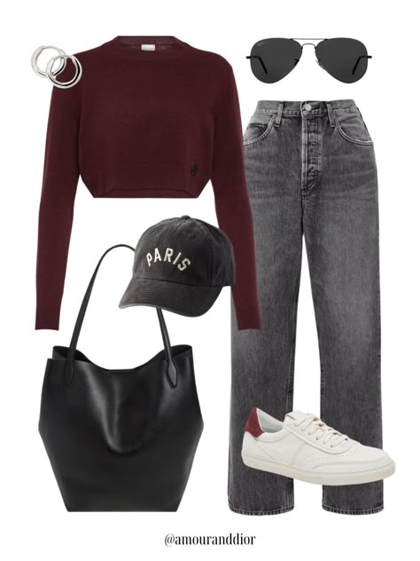 Styling burgundy + black for fall 🍁🍂 Fall outfit, gray jeans, black jeans, denim, black tote bag, casual outfit, maroon, Paris hat, trainers, sneakers, burgundy sweater, cashmere sweater Gray And Maroon Outfit, Burgundy Baseball Hat Outfit, Winter Burgundy Outfits, Burgundy Style Outfit, Burgundy Top Outfit Ideas, Gray And Burgundy Outfit, Black And Maroon Outfit, V Cut With Layers, Maroon And Black Outfit