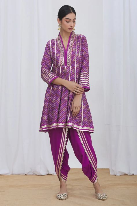 Shop for Gopi Vaid Purple Tussar Printed Anarkali And Dhoti Pant for Women Online at Aza Fashions Dhoti Style Dresses, Gopi Vaid, Gota Embroidery, Tulip Pants, Indian Kurti Designs, Printed Anarkali, Trendy Outfits Indian, Dhoti Pants, Gota Work